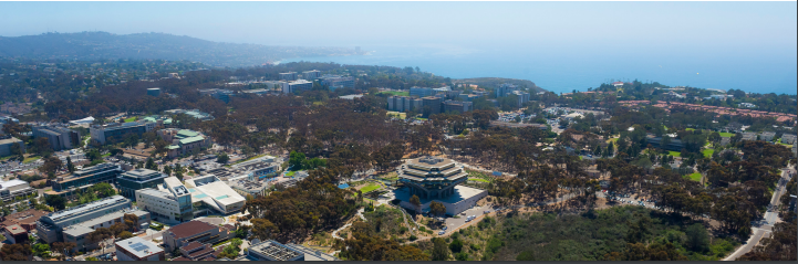 Aerial view of UC San Diego including Geisel Library, various buildings, and surrounding neighborhoods.
